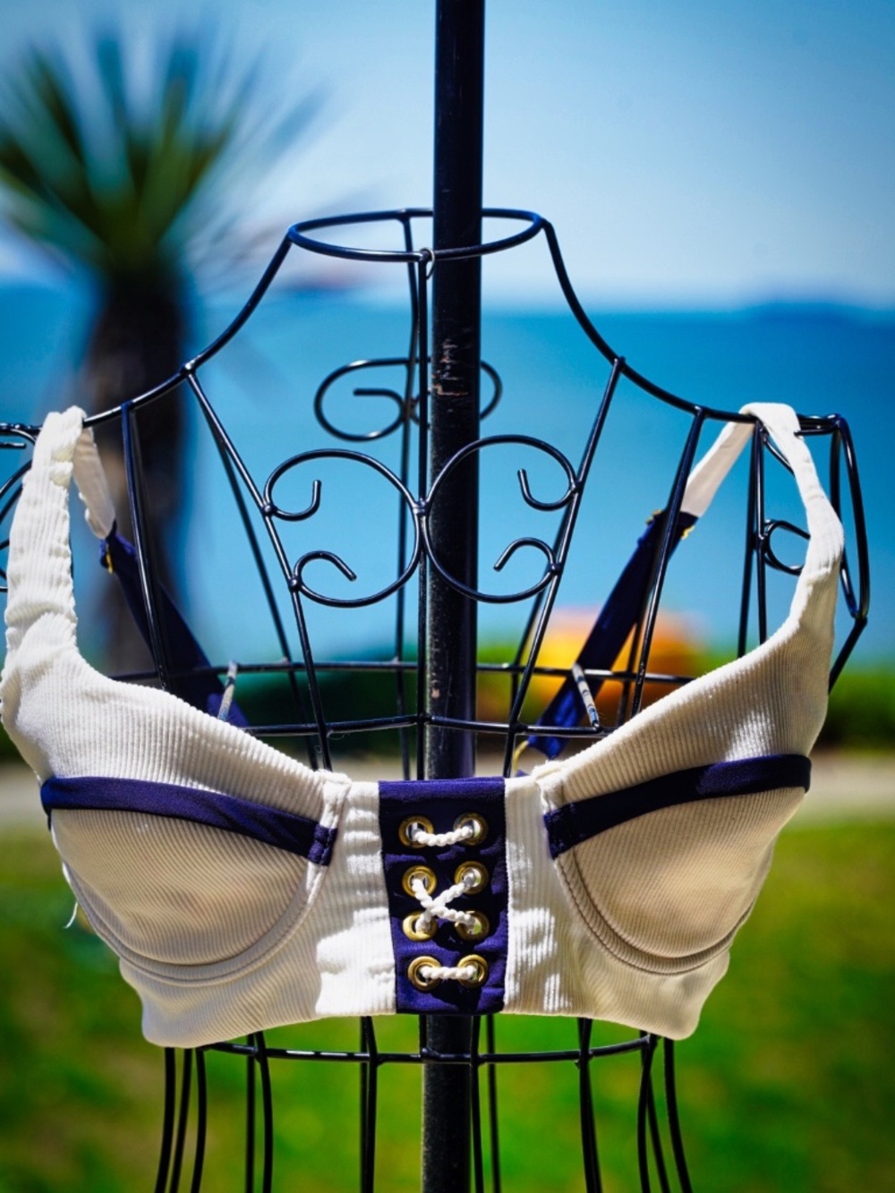 Beach Bunny Sailor Style Bikini SET - White & Navy - Size Medium